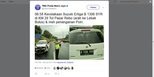 Suzuki Ertiga kecelakaan di Tol Pasar Rebo, lalu lintas tersendat