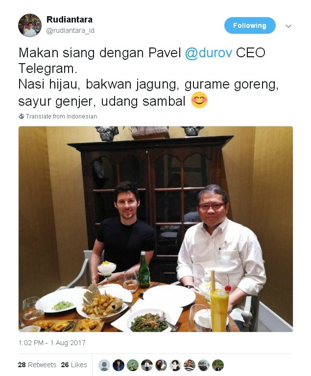 rudiantara makan siang bersama pavel durov