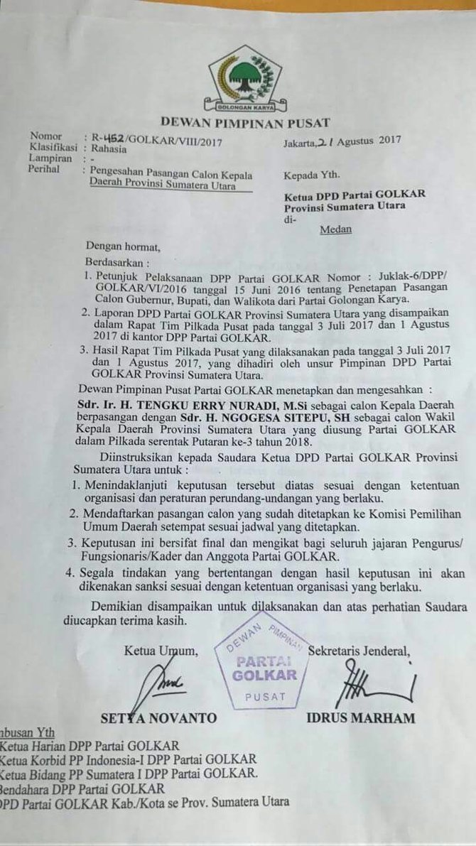 surat golkar resmi usung tengku erry ngogesa di pilgub sumut 2018