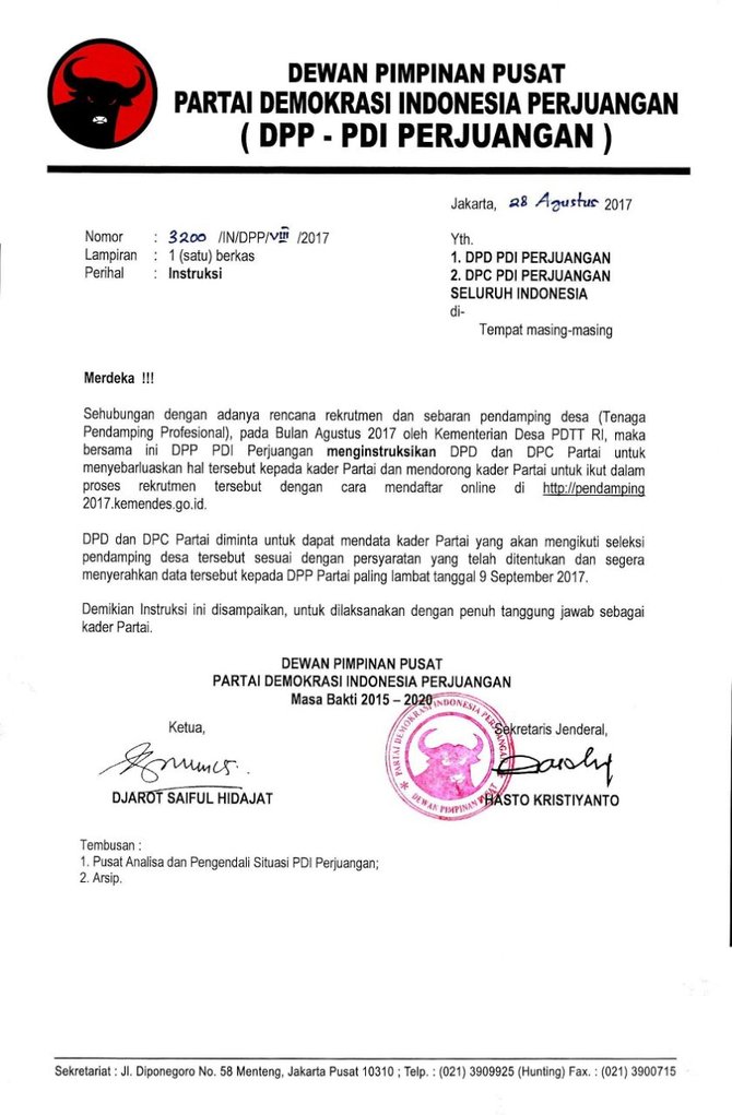 surat dpp pdip tentang pendaftaran pengawas dana desa