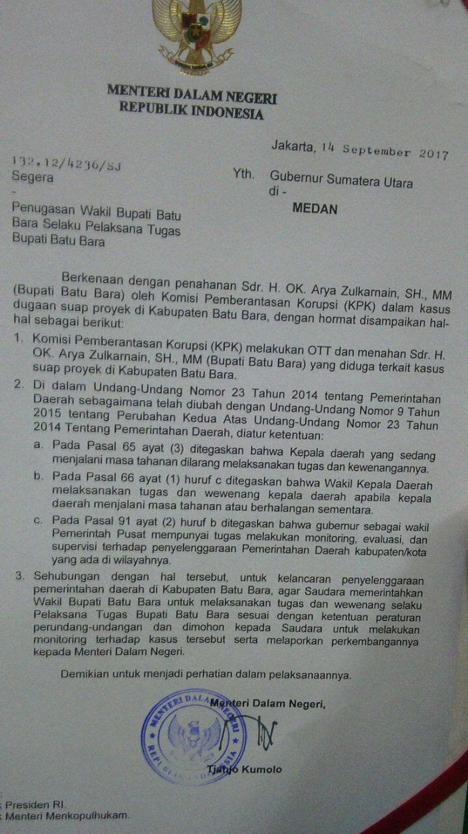 mendagri thahjo kumolo tunjuk rm harry nugroho plt bupati batu bara