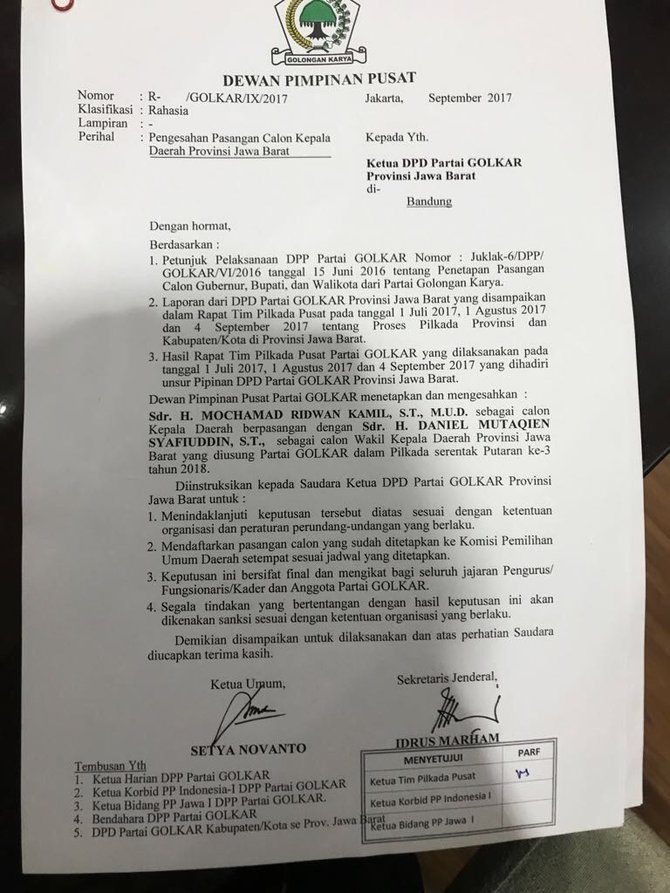 surat dpp golkar usung ridwan kamil