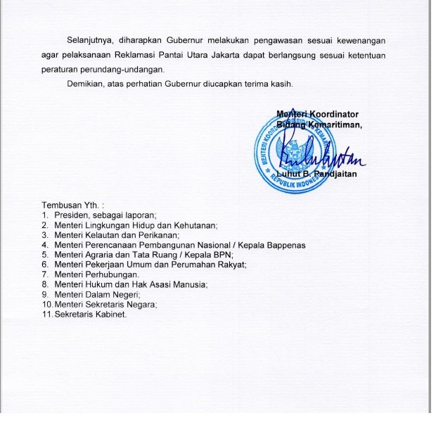 surat pencabutan moratorium proyek reklamasi teluk jakarta