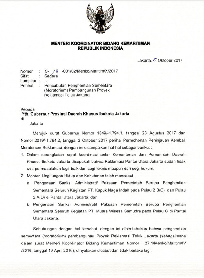 surat pencabutan moratorium proyek reklamasi teluk jakarta