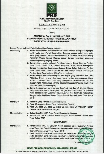 surat keputusan pkb usung gus ipul di pilgub jatim