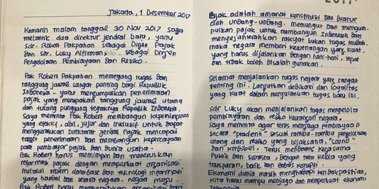 Surat cinta Sri Mulyani untuk Dirjen Pajak baru