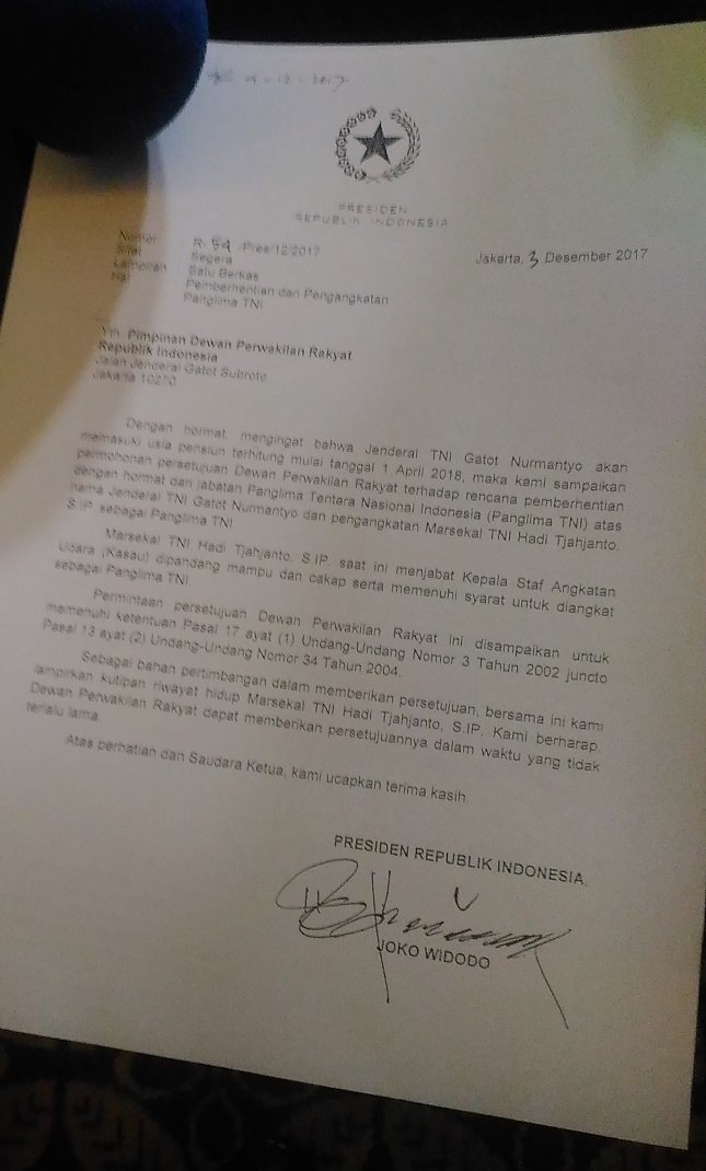 surat jokowi untuk dpr soal pergantian panglima tni