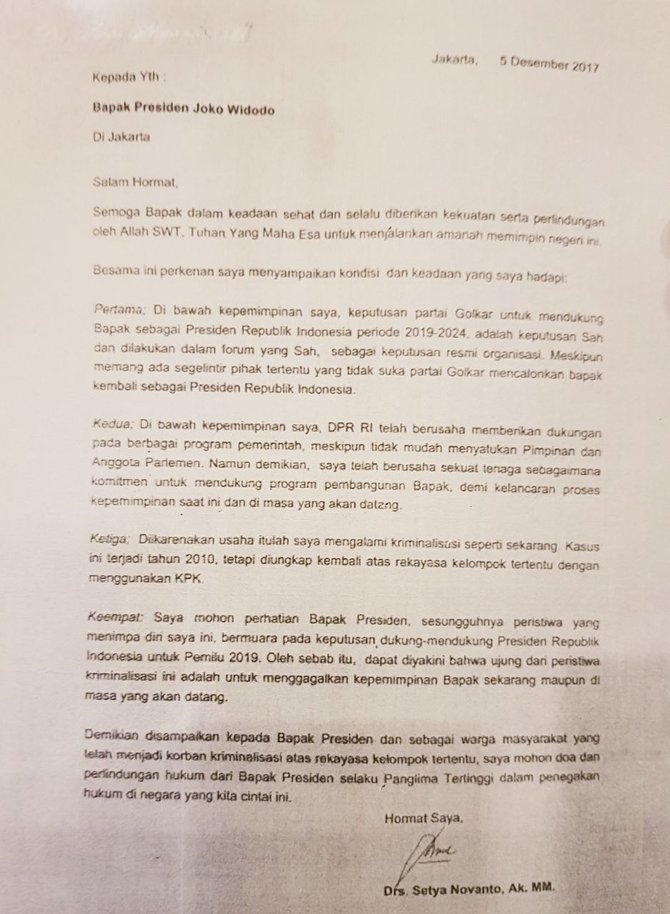 surat setya novanto untuk presiden jokowi