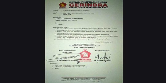 Beredar surat diduga SK Gerindra untuk La Nyalla di Pilgub Jatim