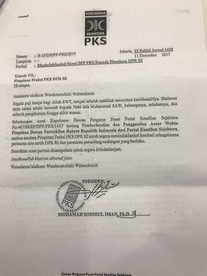 surat pks minta fahri hamzah dipecat