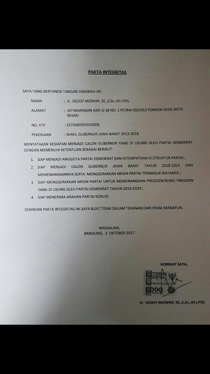 Ini Kontrak Politik Deddy Mizwar Dengan Demokrat Yang