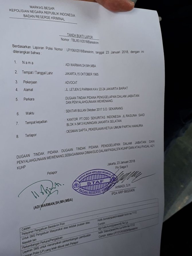 oesman sapta dipolisikan kader hanura