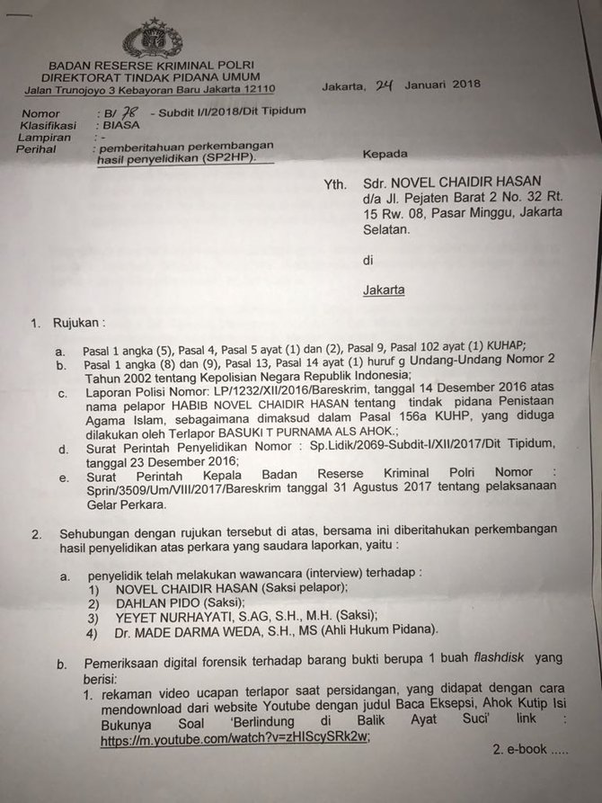 surat polri hentikan kasus ahok soal penistaan agama
