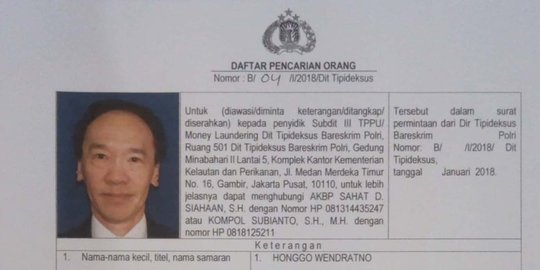 Red Notice untuk Honggo disebar ke 192 negara, baru Singapura yang respons