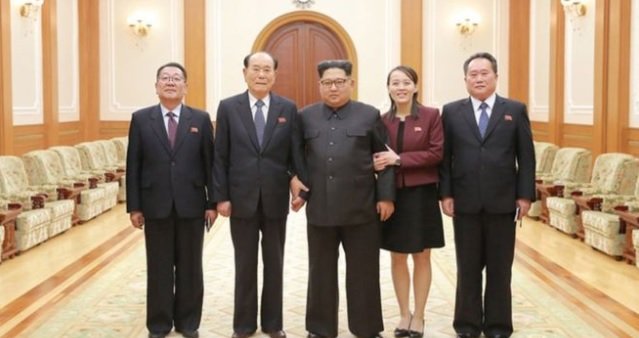 kim jong un diapit oleh kim yo jong di sebelah kiri dan kim yong nam di sebelah kanan