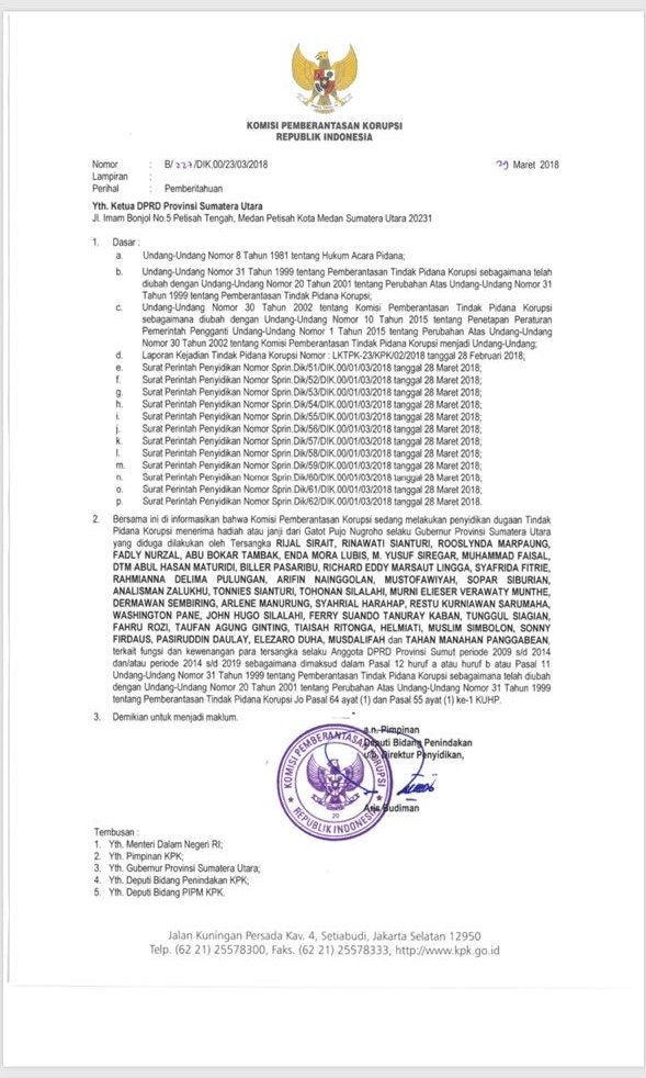 Beredar surat KPK tetapkan 38 mantan dan anggota DPRD Sumut tersangka gratifikasi