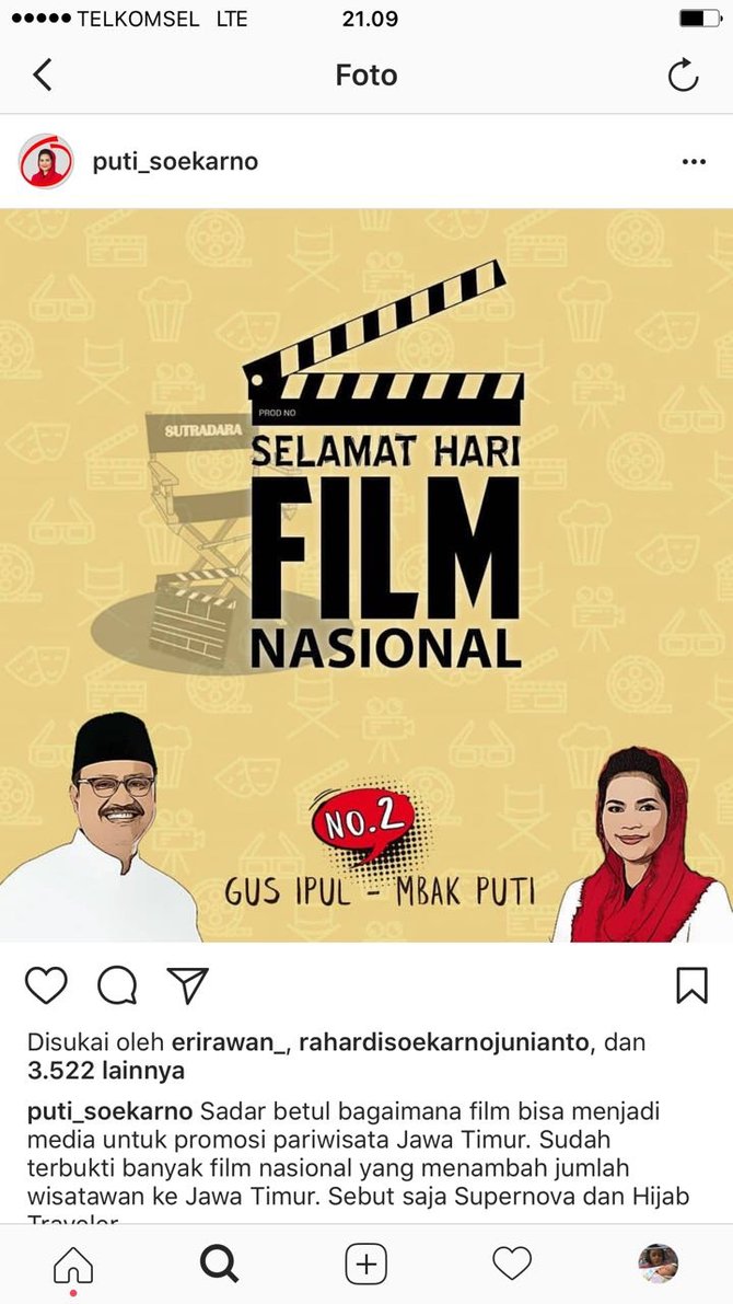 puti ucapkan selamat hari film nasional di akun instagramnya