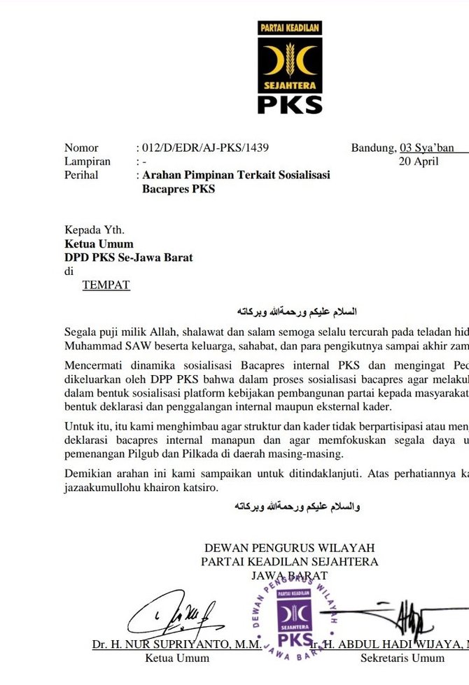 arahan pks jabar larang kader hadiri deklarasi capres