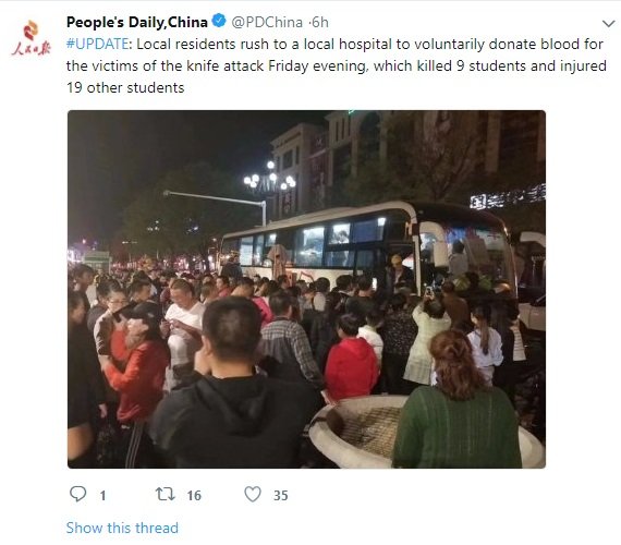 warga berbondong bondong mendonorkan darahnya kepada siswa yang menjadi korban penusukan di china