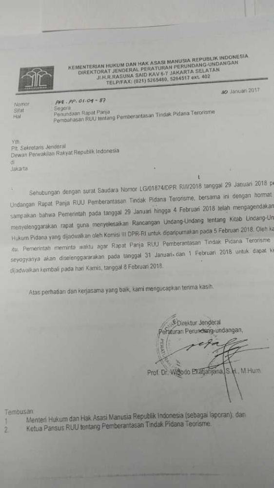 surat penundaan rapat revisi uu terorisme