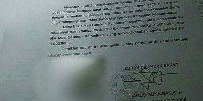 Soal Setor Zakat Minimal Rp 1 Juta Lurah Cilandak Barat