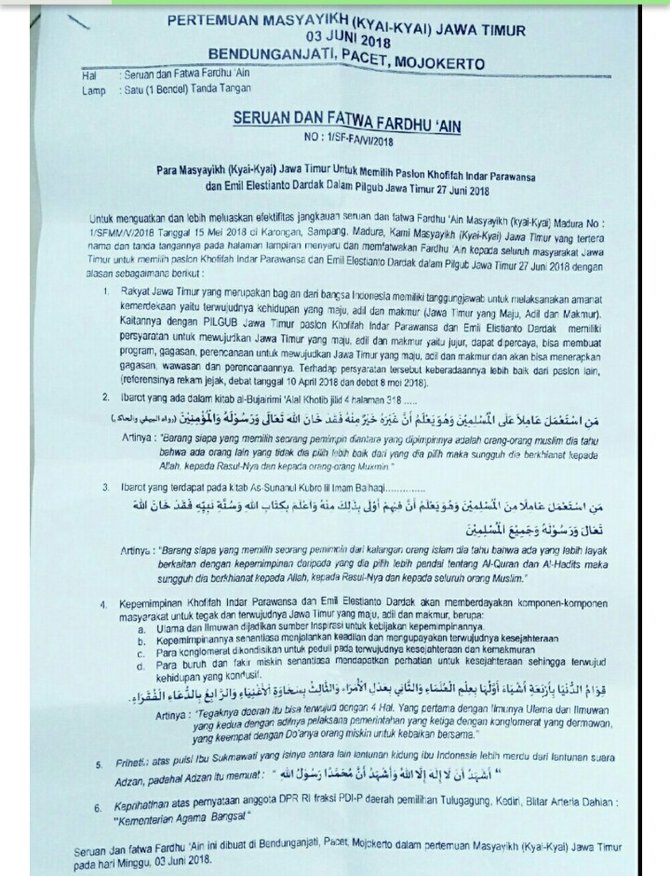surat sakti fatwa fardhu ain untuk memilih khofifah emil dalam pilgub jatim