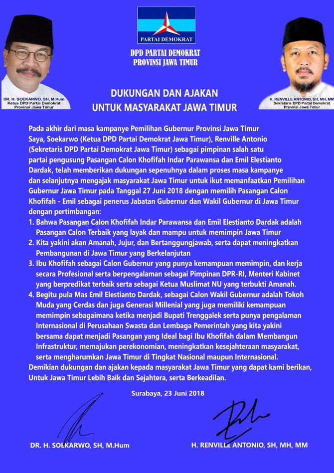 surat dukungan pakde karwo di pilgub jatim