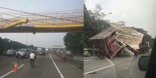 Nyaris ambruk dihantam truk, JPO di Tol JORR dipasang tiang penyangga