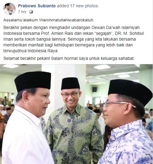 fb prabowo pajang foto bersama anies dan sohibul