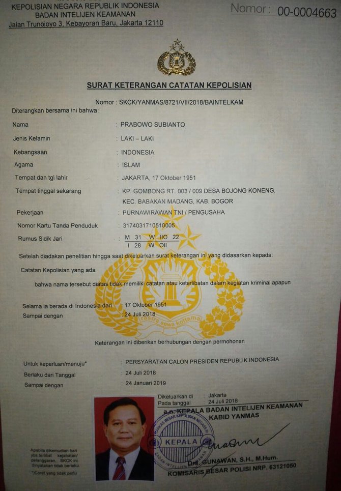 Mabes Polri Akui Keluarkan Skck Prabowo Untuk Nyapres