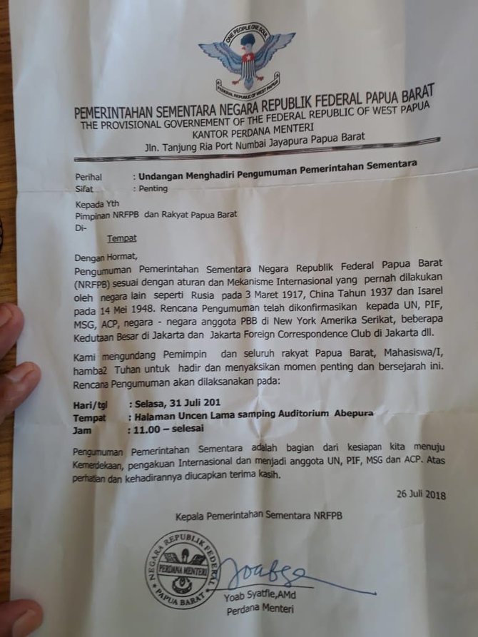 beredar surat deklarasi negara republik federal papua barat