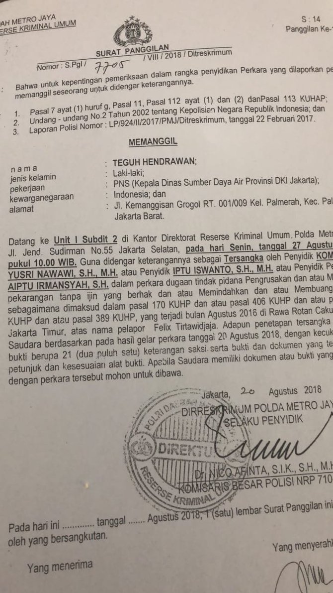 surat pemanggilan teguh hendrawan sebagai tersangka