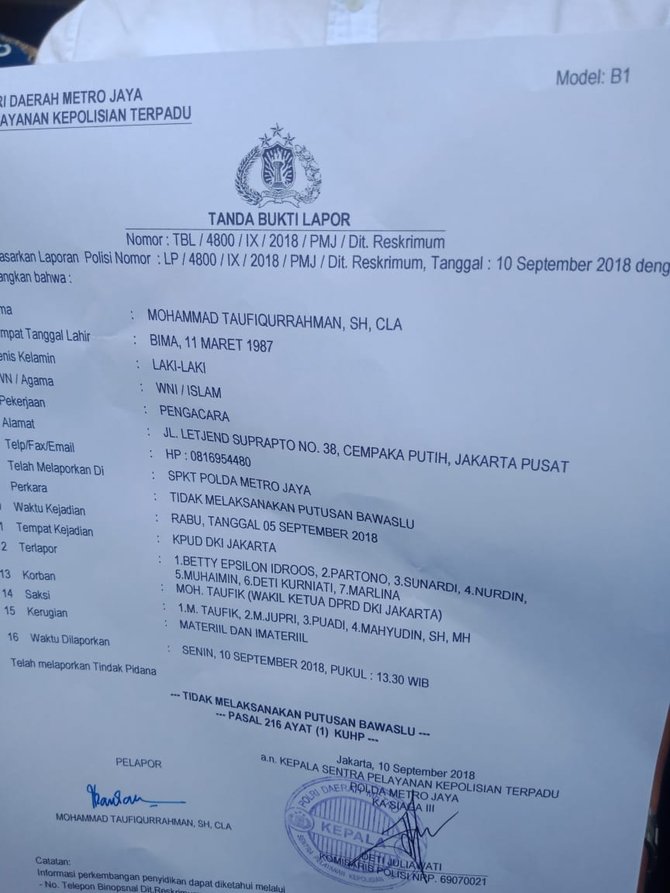 kuasa hukum m taufik polisikan komisioner kpud dki