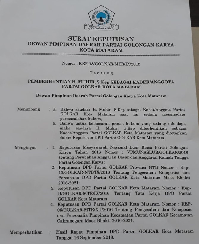 surat pemecatan kader golkar