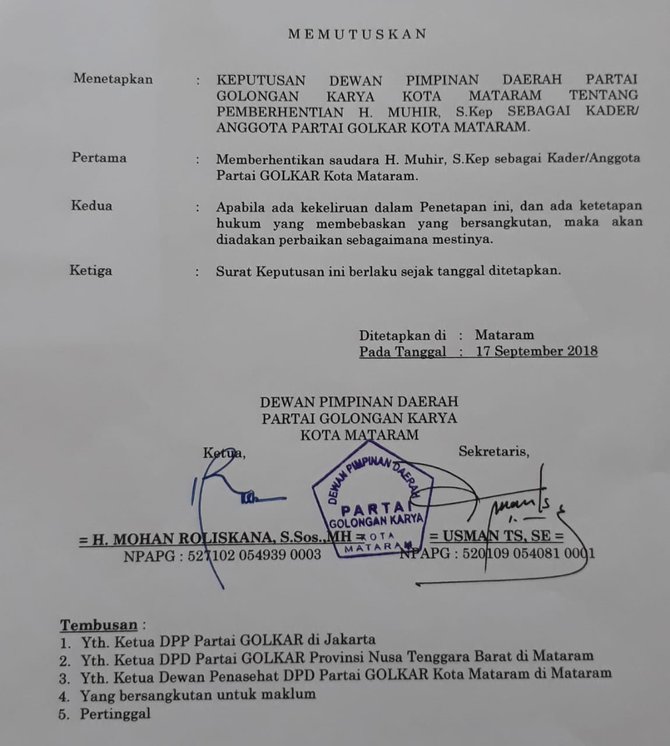 surat pemecatan kader golkar