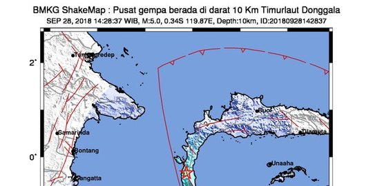 17.14 WIB terjadi gempa susulan di Donggala berkekuatan 6,1 SR