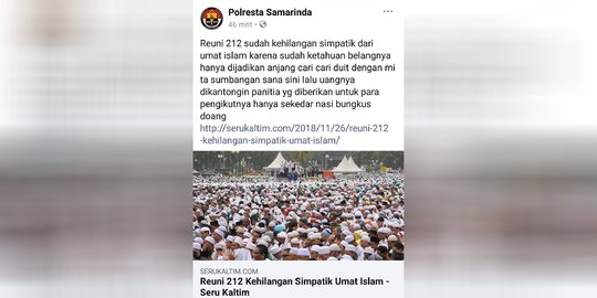 Akun Facebook Polresta Samarinda Diretas, Muncul Tulisan 212 Ajang Minta Sumbangan