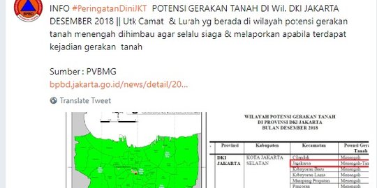 BPBD Keluarkan Peringatan Dini Potensi Tanah Bergerak di DKI Akibat Hujan