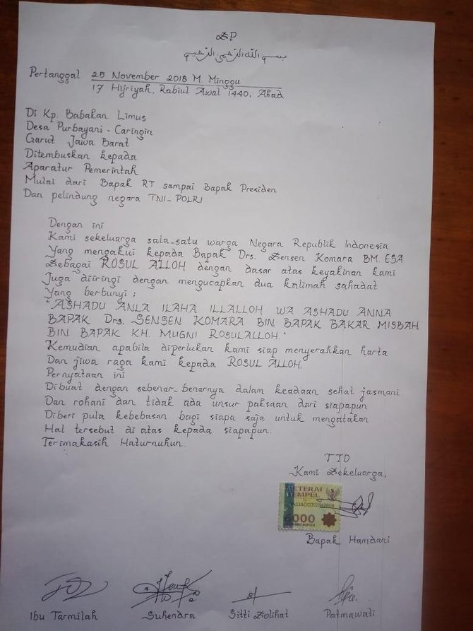 surat satu keluarga di garut akui sensen komara rasul
