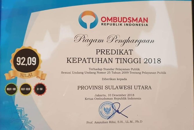 pemprov sulut raih penghargaan ombudsman