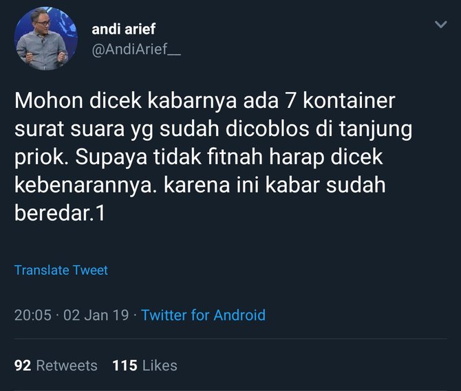 cuitan andi arief soal 7 kontainer berisi surat suara