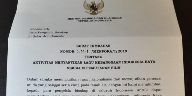 Baru Sehari, Menpora Cabut Surat Imbauan Nyayikan Lagu Indonesia Raya di Bioskop