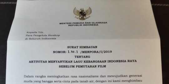 Kemenpora Tak Gengsi Cabut Imbauan Nyanyikan Indonesia Raya di Bioskop