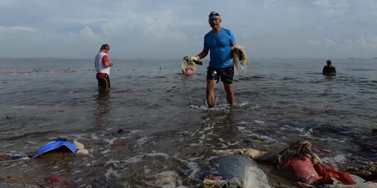 Aksi TNI AL Bersihkan Sampah Plastik di Pantai Ancol