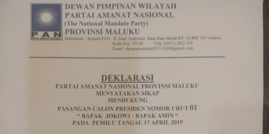 Rasakan Pembangunan, DPW PAN Maluku Deklarasi Dukung Jokowi-Ma'ruf