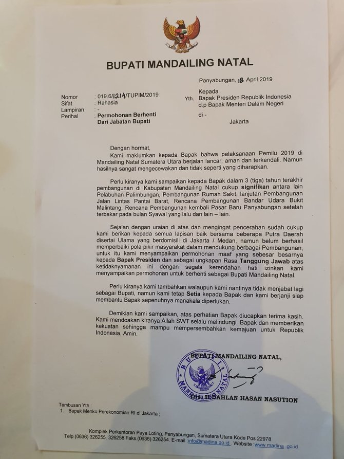 surat pengunduran diri bupati mandailing natal dahlan hasan nasution