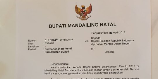 Kemendagri Belum Tahu Pengunduran Diri Bupati Mandailing Natal Karena Hasil Pemilu