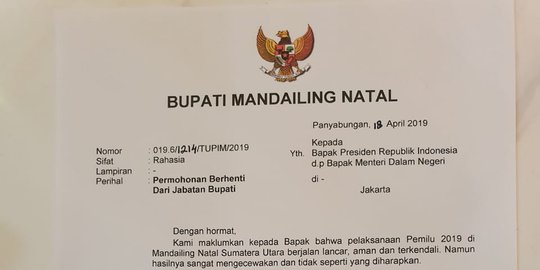 Pengunduran Diri Bupati Mandailing Natal Harus Disampaikan ke DPRD