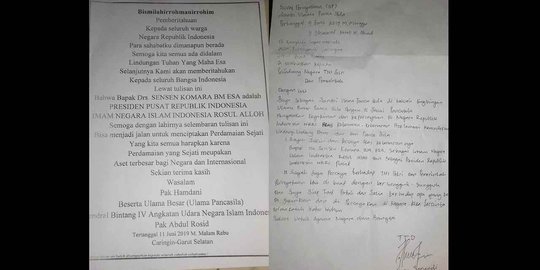 Pengikut Sebar Surat Sensen Komara Presiden Pusat Republik Indonesia dan Rasul Allah