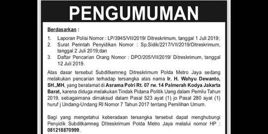 Sempat Bantah, Polisi Cari Caleg Gerindra Wahyu Dewanto Terkait Politik Uang